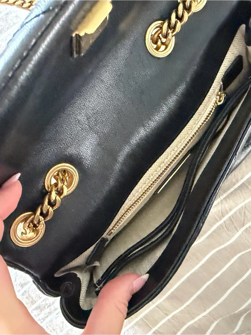 Tory Burch Black Quilted Leather Chain Shoulder Bag with Gold Hardware